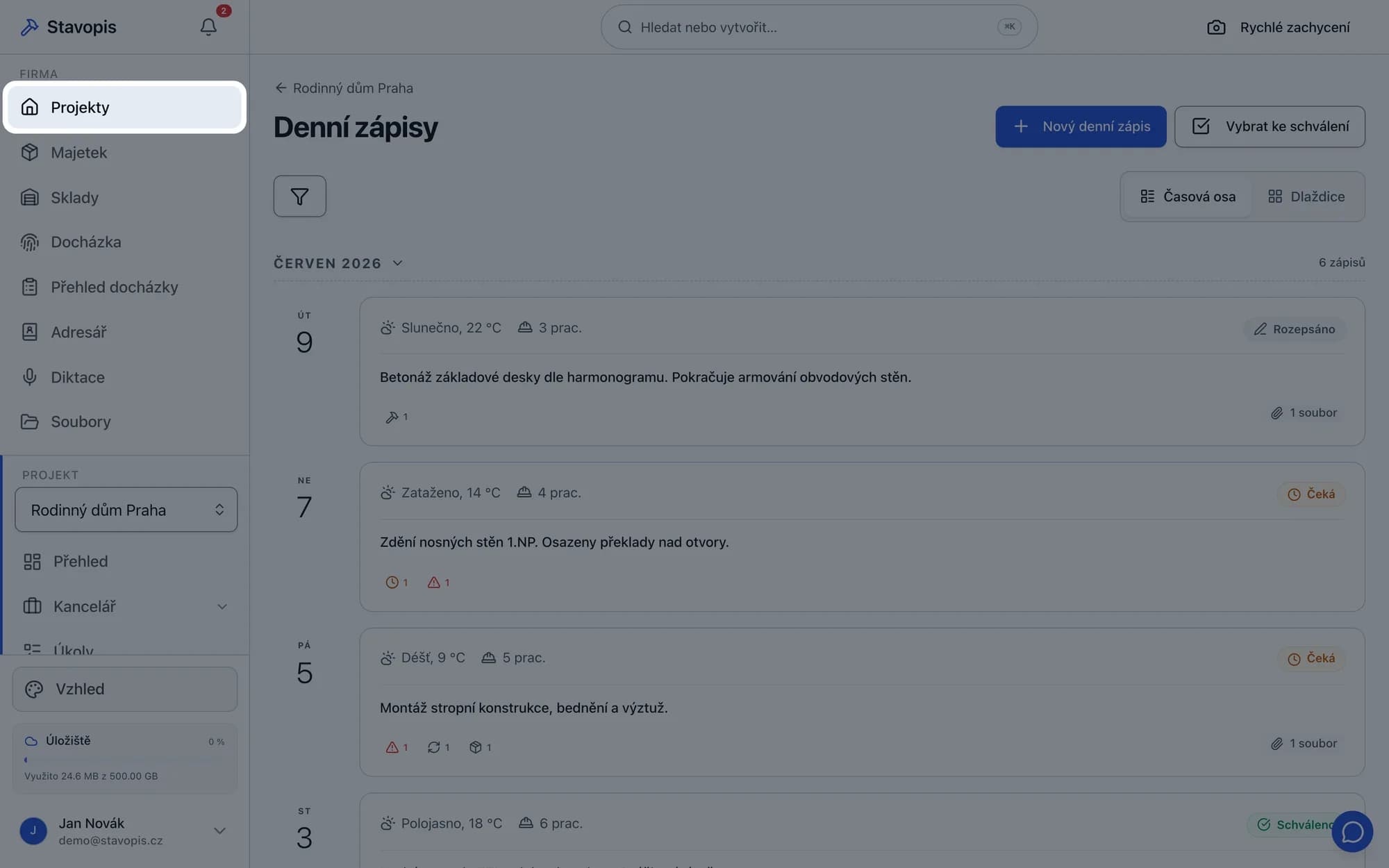 Seznam denních zápisů ve Stavopisu se stavy jednotlivých dnů