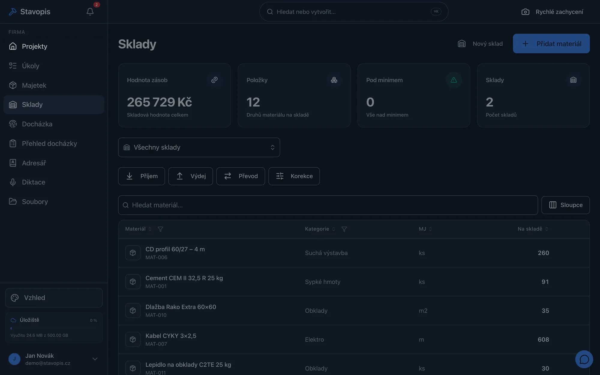 Sklady ve Stavopisu s hodnotou zásob a seznamem materiálu