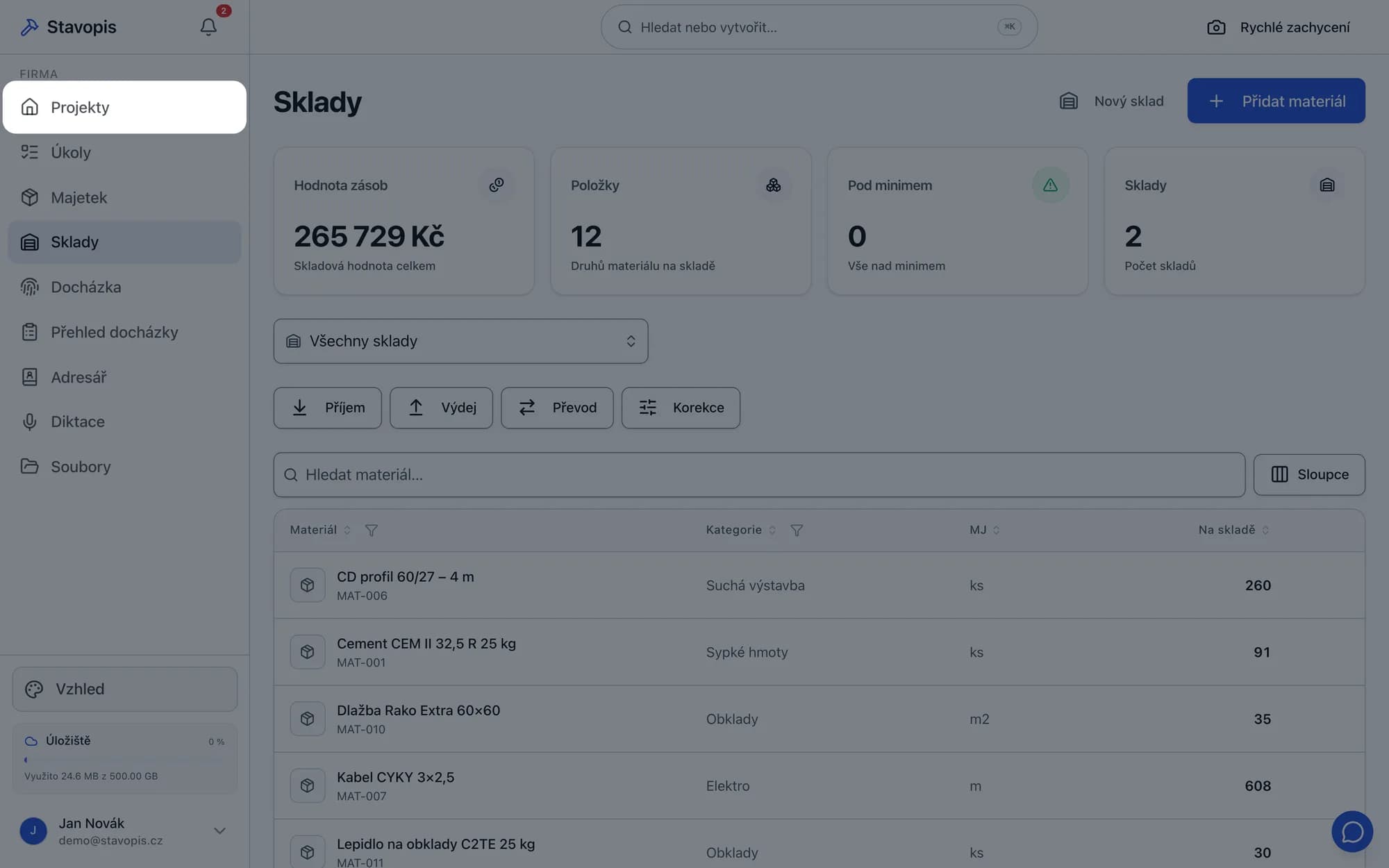 Sklady ve Stavopisu s hodnotou zásob a seznamem materiálu