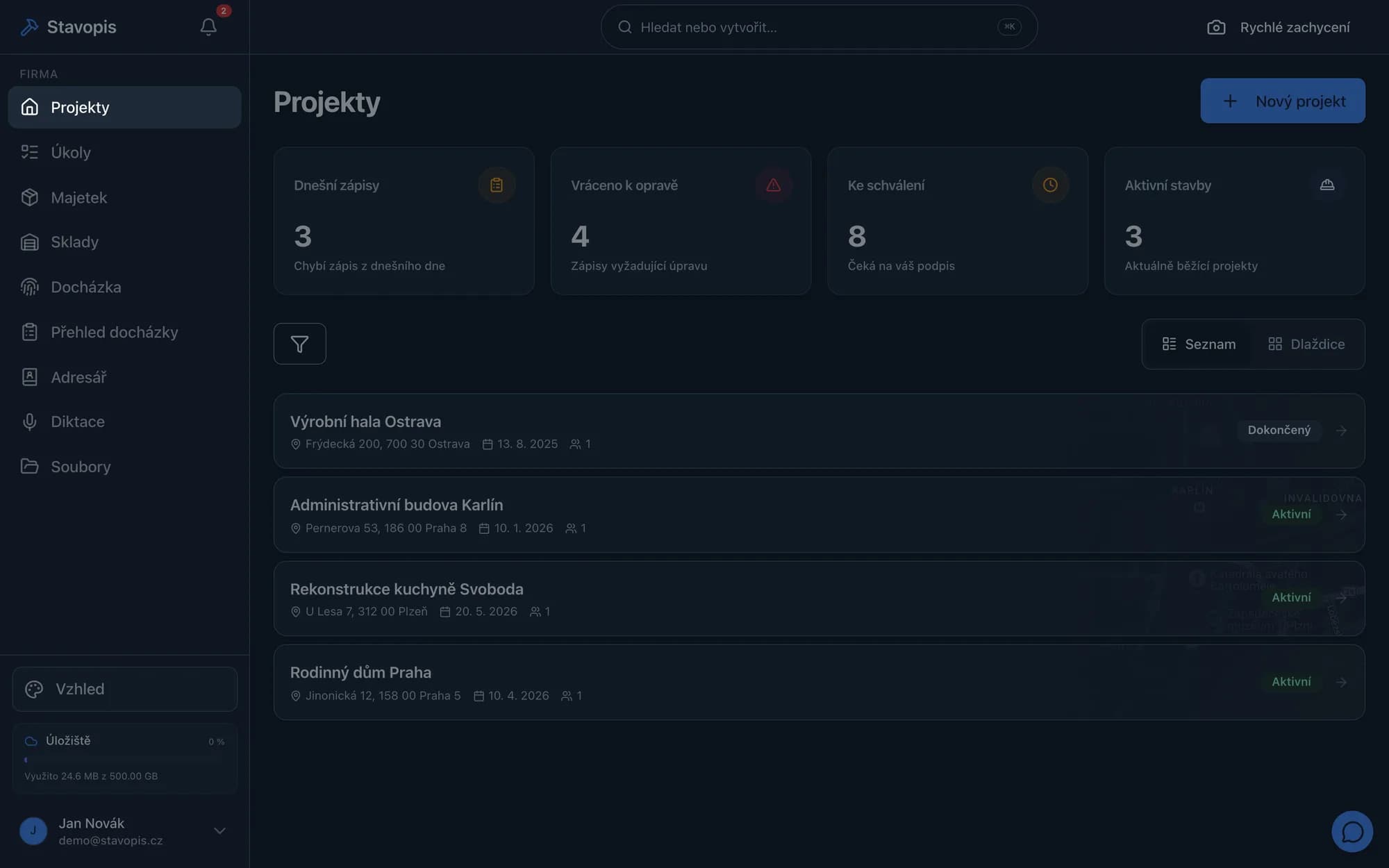 Seznam projektů ve Stavopisu s kartami dnešních zápisů a aktivních staveb