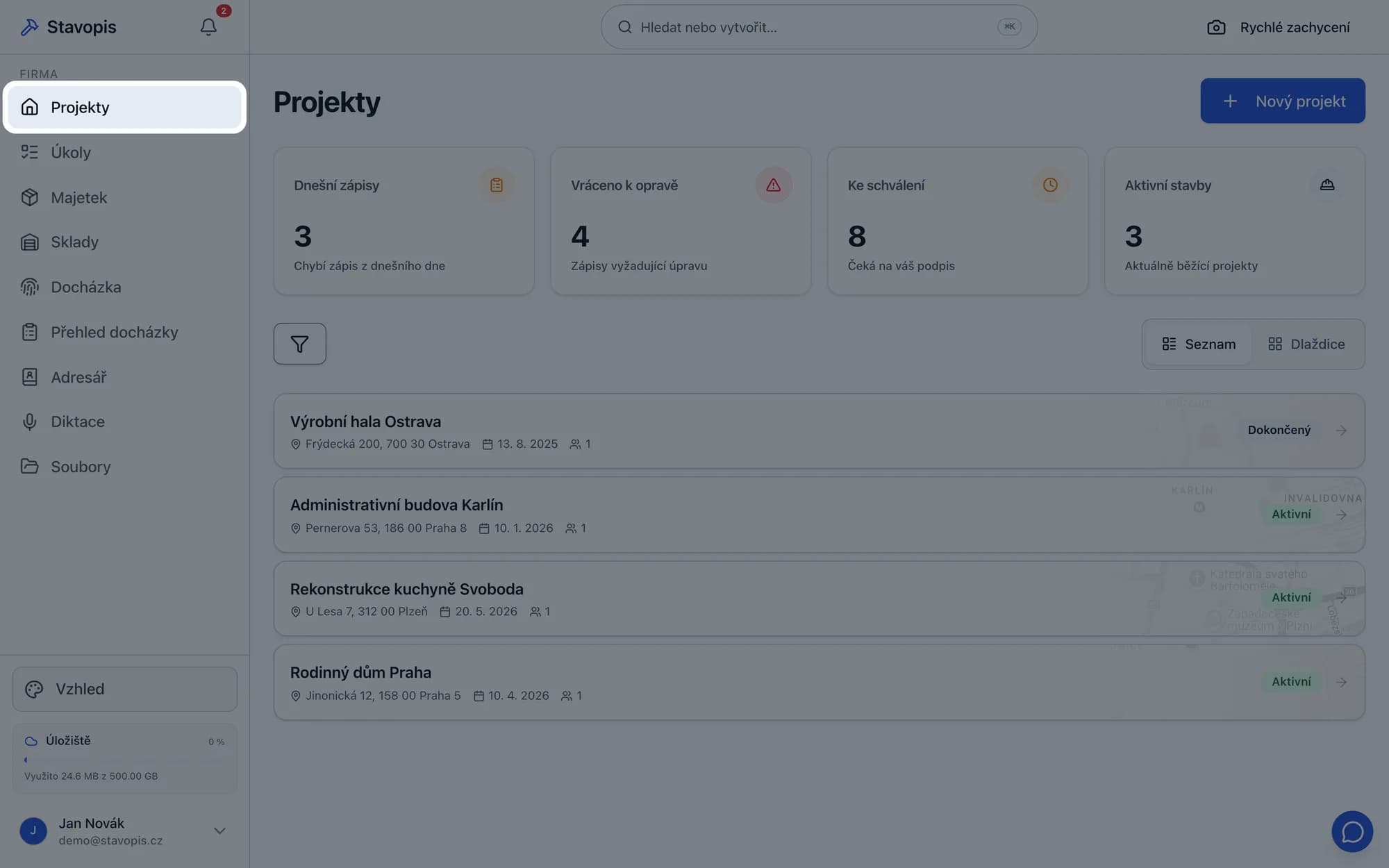 Seznam projektů ve Stavopisu s kartami dnešních zápisů a aktivních staveb