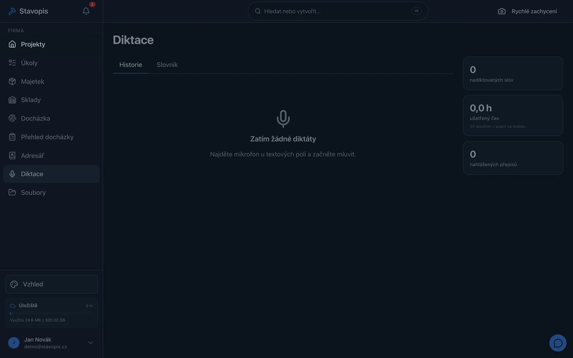 Panel diktování ve Stavopisu s průběžným přepisem řeči