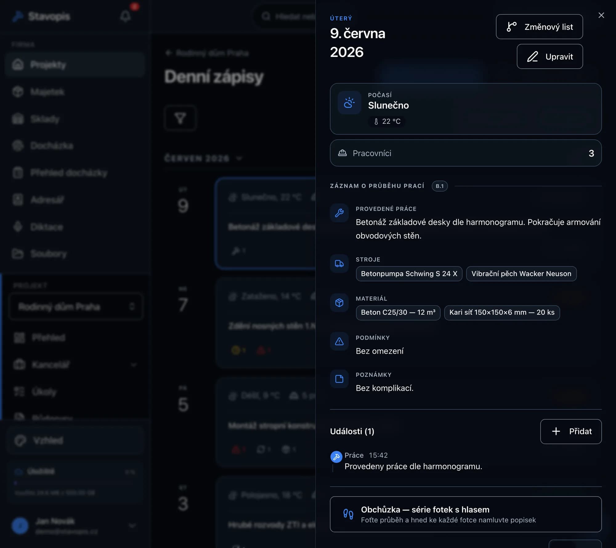Obchůzka se sérií fotek a hlasových popisků v denním zápisu
