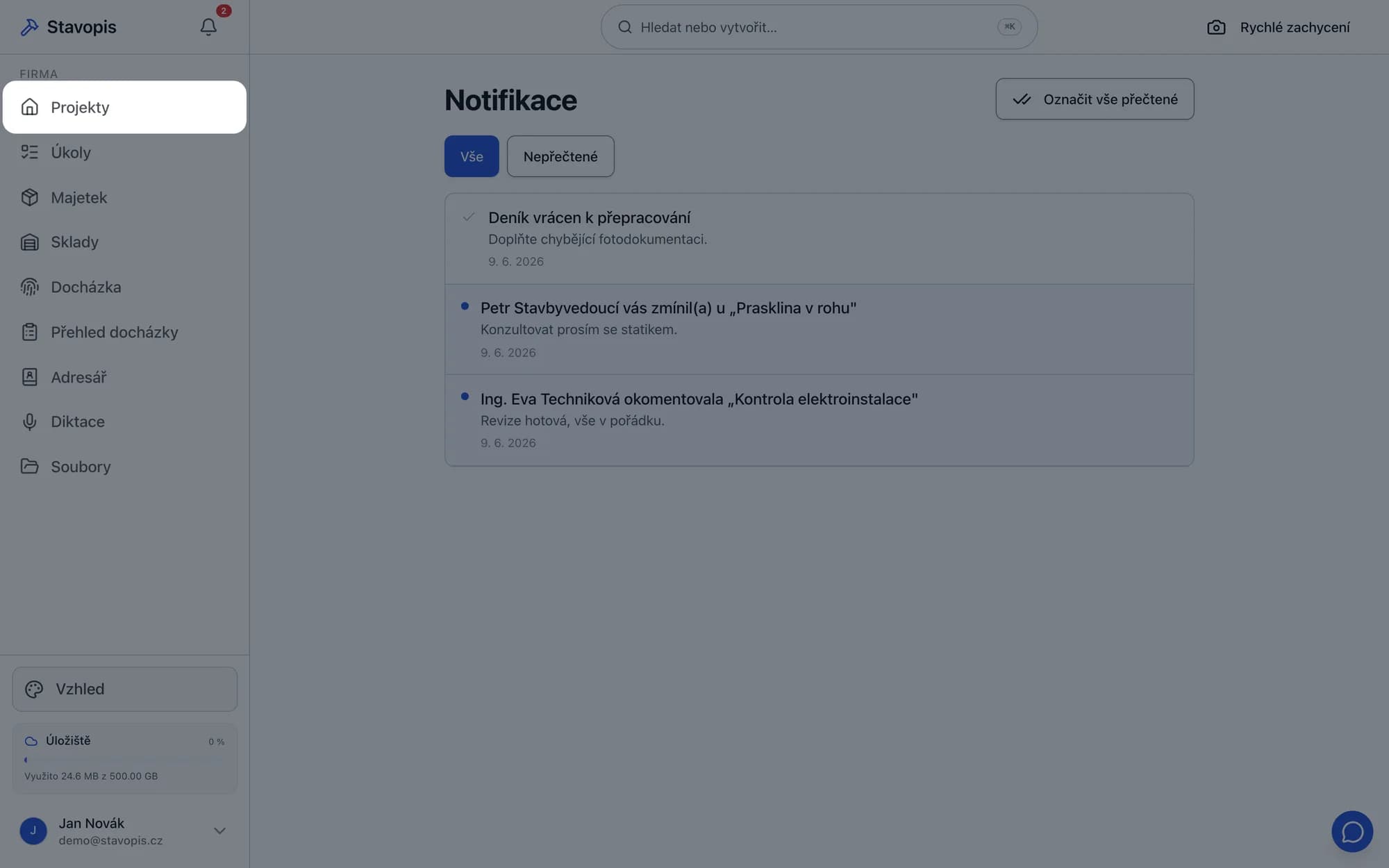 Schránka upozornění ve Stavopisu s filtry vše a nepřečtené