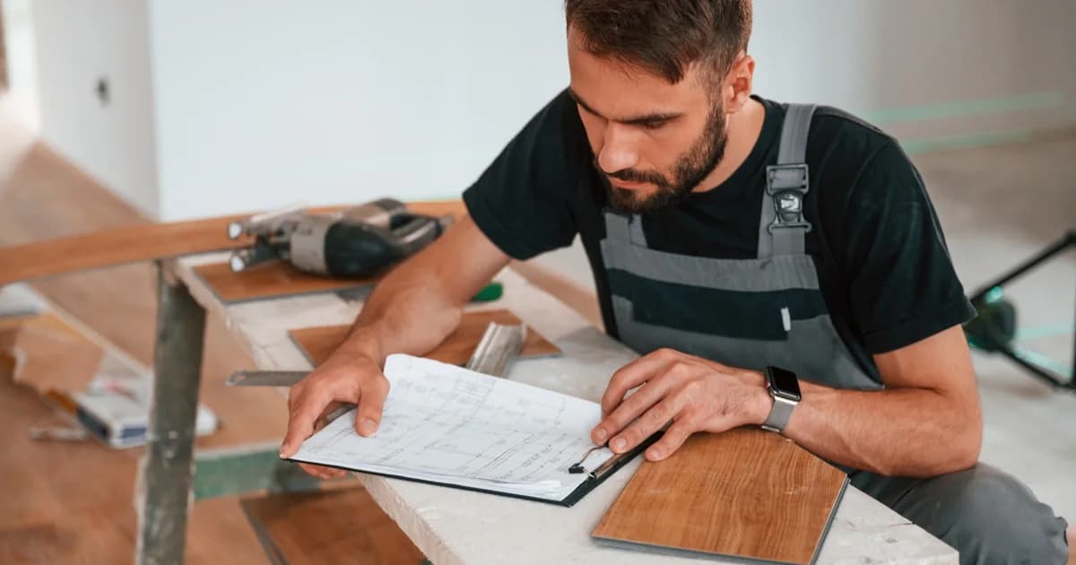 Řemeslník v montérkách sedí u pracovního stolu, prohlíží papírový podklad s rozpisem a vedle má vzorek dřevěné podlahy a aku nářadí