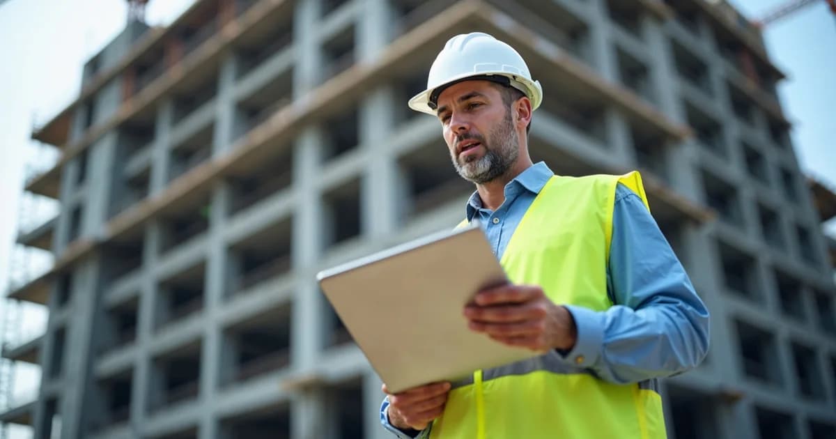Stavbyvedoucí v reflexní vestě a bílé helmě drží tablet před rozestavěným betonovým skeletem budovy