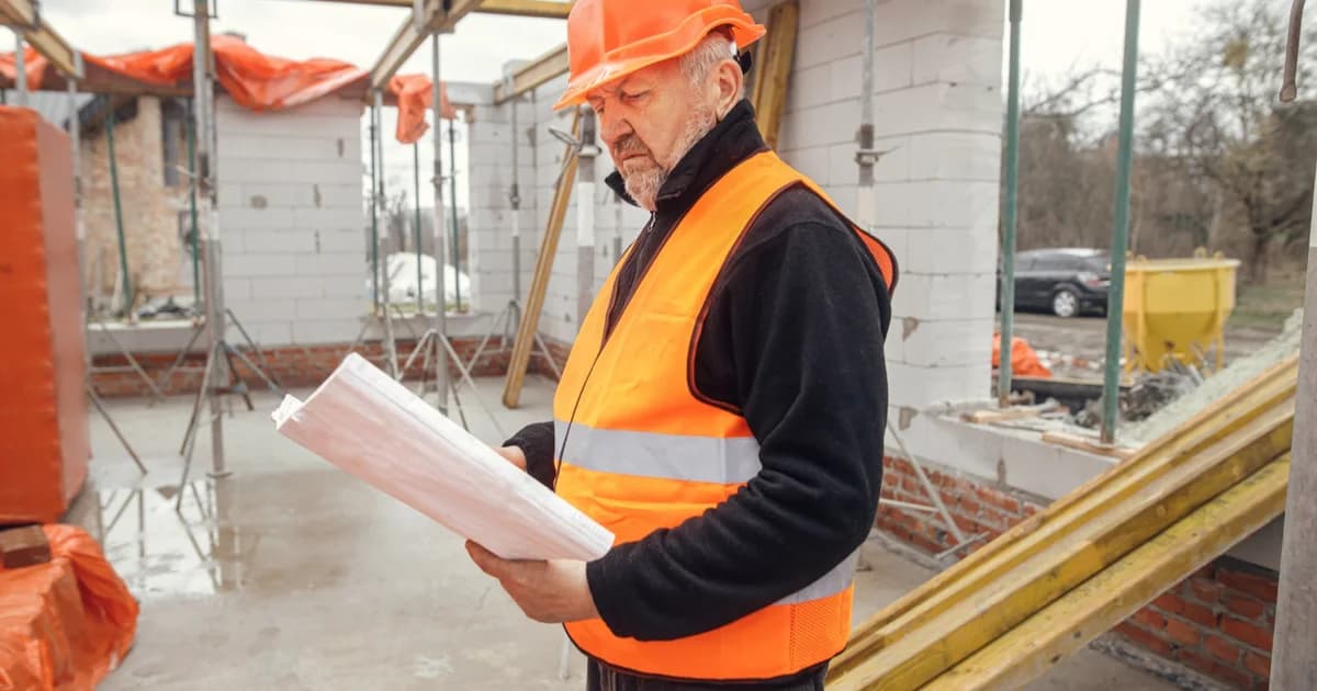 Starší stavbyvedoucí v oranžové reflexní vestě a helmě čte výkres na stavbě rodinného domu z pórobetonových tvárnic, kolem lešení a žluté nosníky bednění stropu
